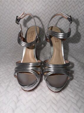 SCHUTZ Silver Metallic Strappy High Heel Sandals